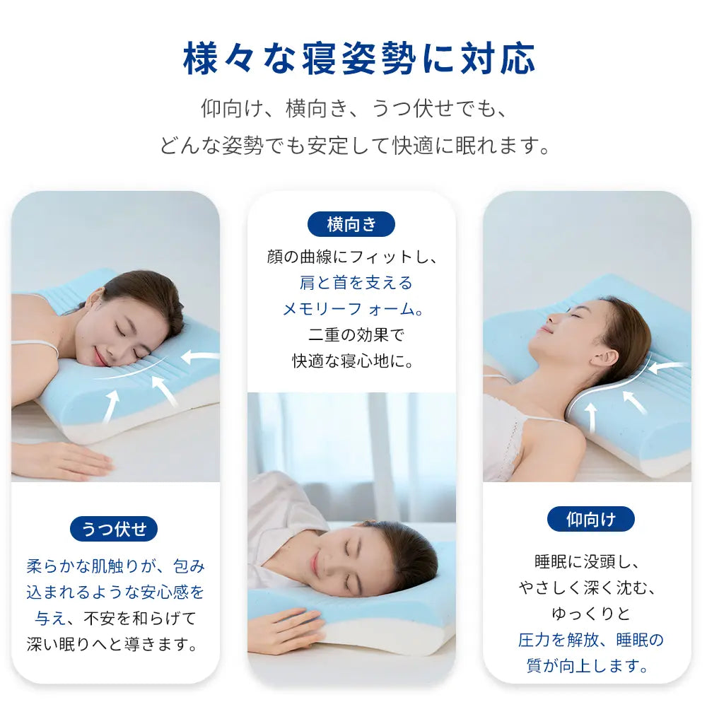 ConfortFlex【首・肩をやさしく支える】低反発快眠枕 人間工学設計 冷感カバー付き 63×43cm
